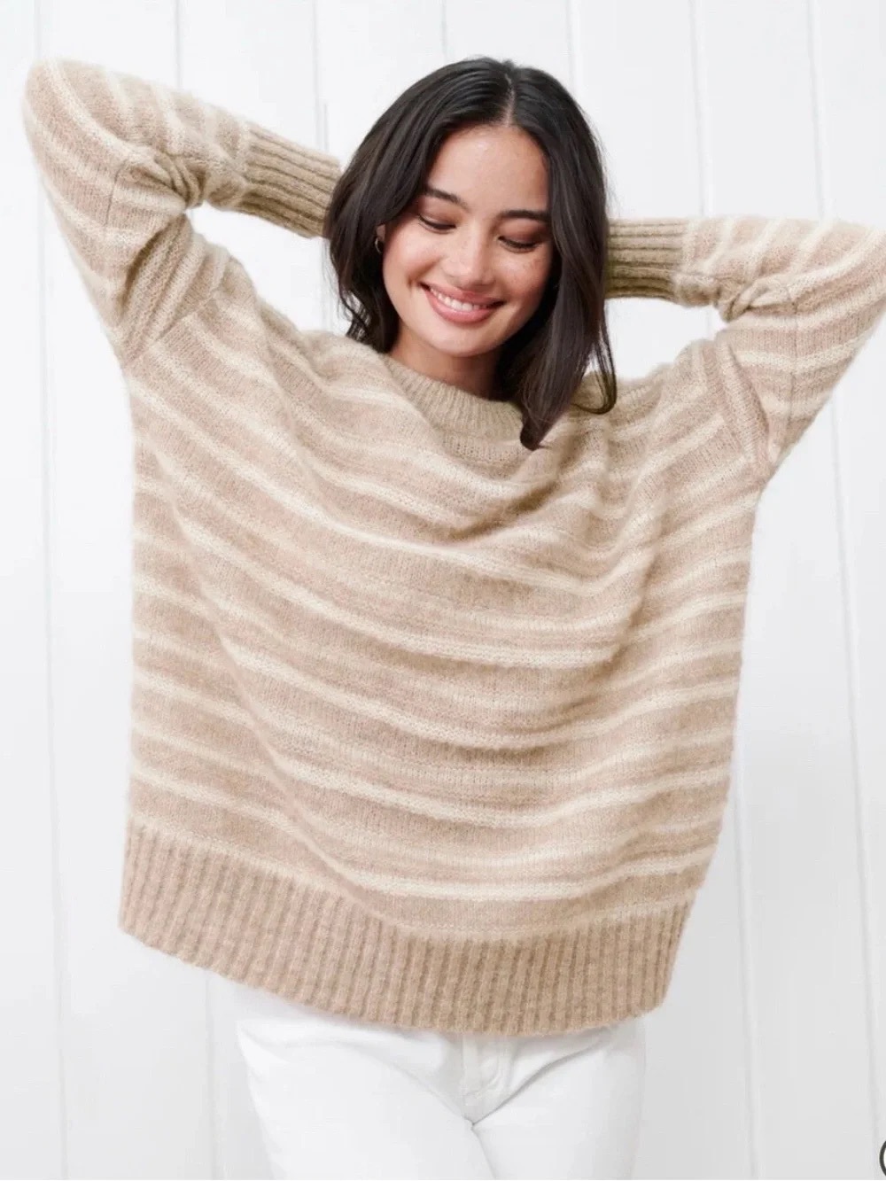 Jenni Kayne Cocoon Crewneck Alpaca Sweater in Sand Stripe NEW